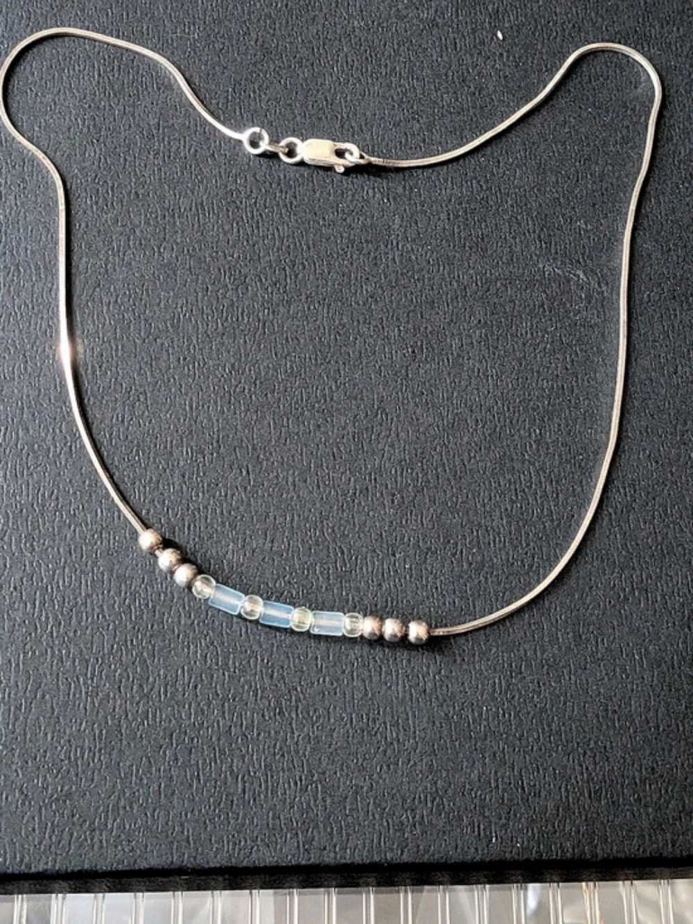 Vintage 925 Italy Sterling Silver Blue & Opalite Art Glass Bead Necklace